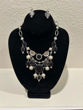 Silver-Tone Black and Pearl Statement Necklace and Earring Set